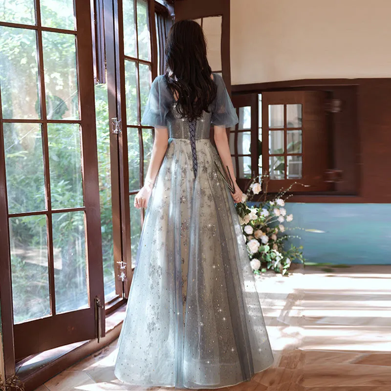 Elegant A-line  Grey Tulle Short Sleeves Long Party Dress, Grey Evening Dress