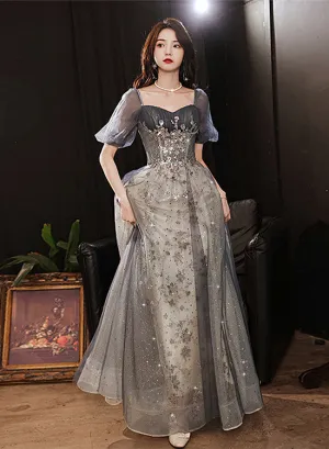 Elegant A-line  Grey Tulle Short Sleeves Long Party Dress, Grey Evening Dress