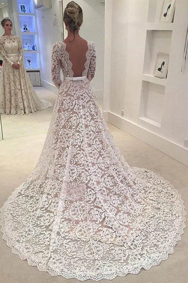 Elegant A-line Lace Backless Wedding Dress With Court Train TN0023