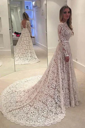 Elegant A-line Lace Backless Wedding Dress With Court Train TN0023