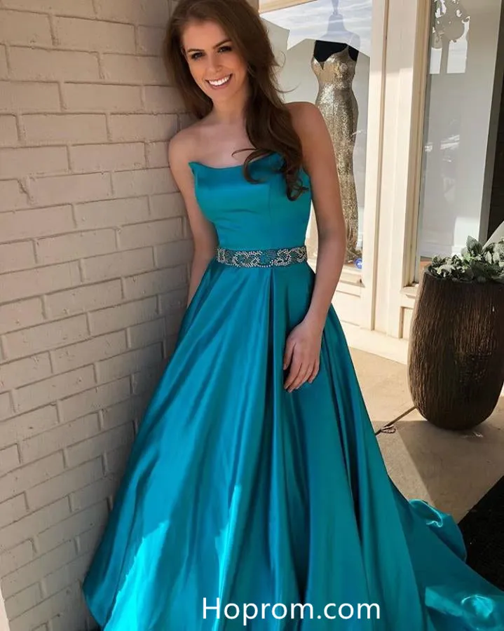 Elegant A-line Long Prom Dress with Beaded Waist