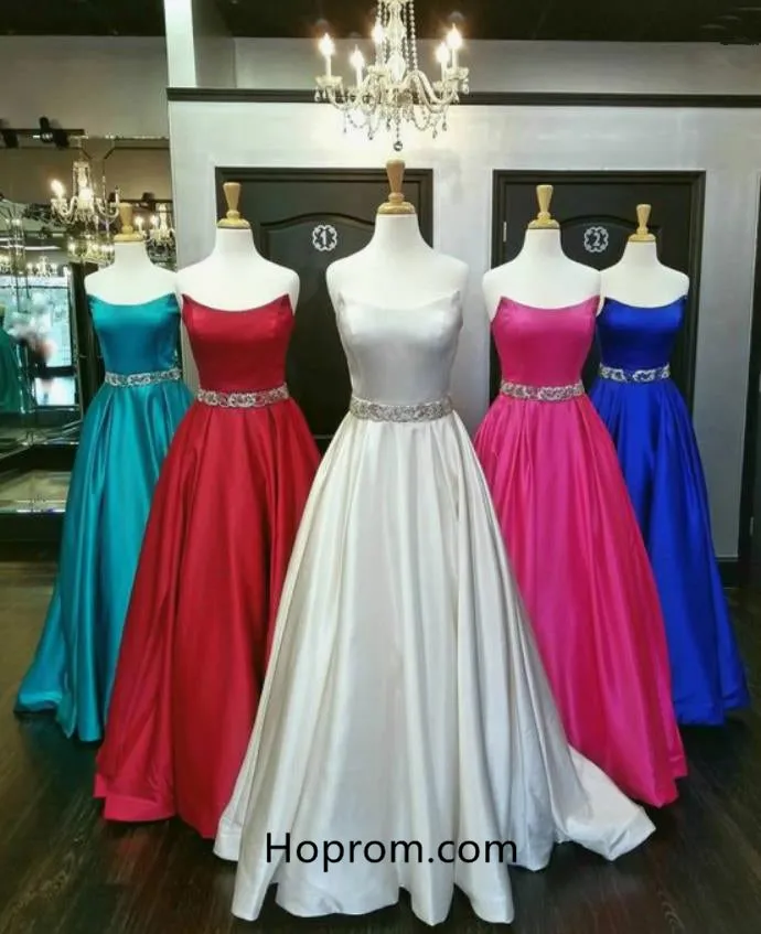 Elegant A-line Long Prom Dress with Beaded Waist
