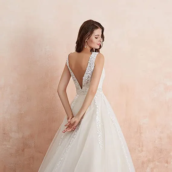 Elegant A-line Tulle Sleeveless Wedding Dress Lace Appliques Prom Gown OKU49