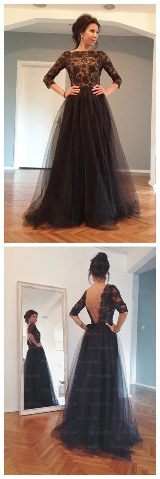 Elegant Black Long Sleeves Deep V Back Long Prom Dresses, BG51088