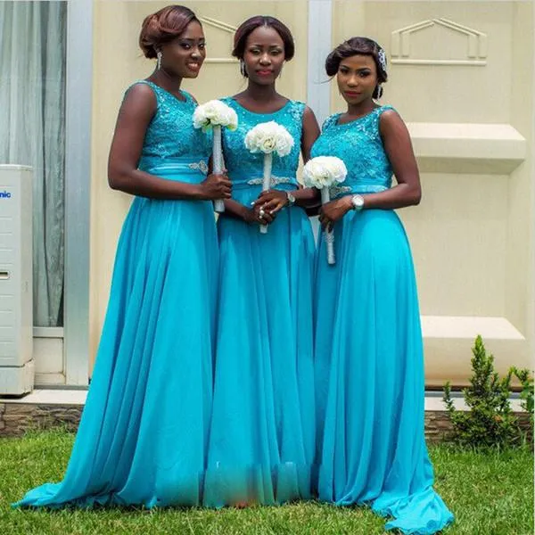 Elegant Blue High Neck Chiffon Bridesmaid Dress, Wedding Party Dresses, MB109