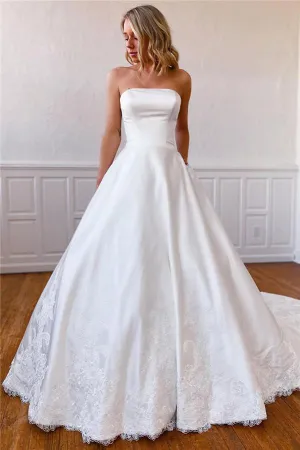 Elegant Lace Appliques Long Strapless Satin Off White Wedding Dress with Pockets OKY65