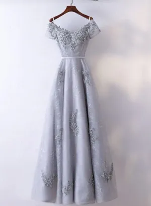 Elegant Lace Off the shoulder Tulle Sliver-Grey Party Dress, Long Formal Gown