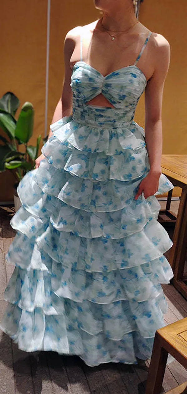 Elegant Light Blue Spaghetti Strap Ruffles  A-Line Pleats Long Prom Dresses,WGP435