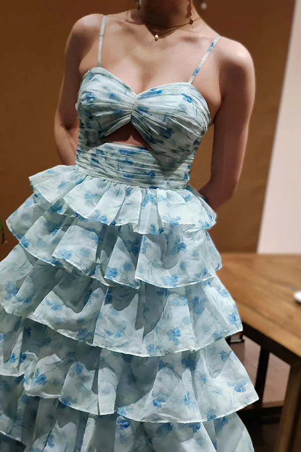 Elegant Light Blue Spaghetti Strap Ruffles  A-Line Pleats Long Prom Dresses,WGP435