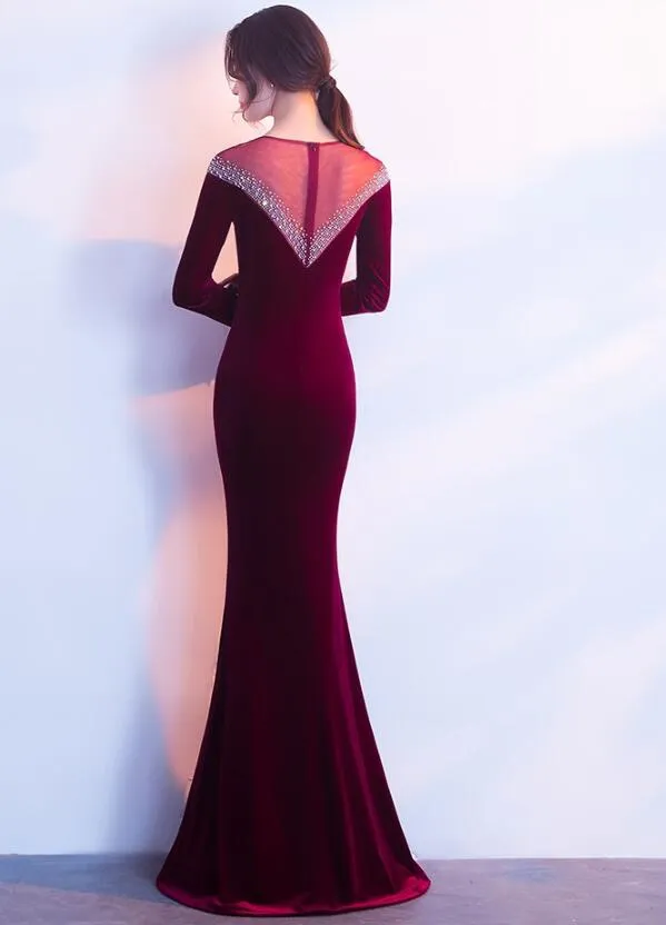Elegant Long Sleeves Velvet Mermaid Long Party Dress, Charming Prom Dress