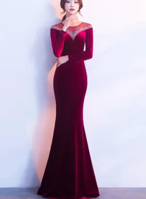 Elegant Long Sleeves Velvet Mermaid Long Party Dress, Charming Prom Dress