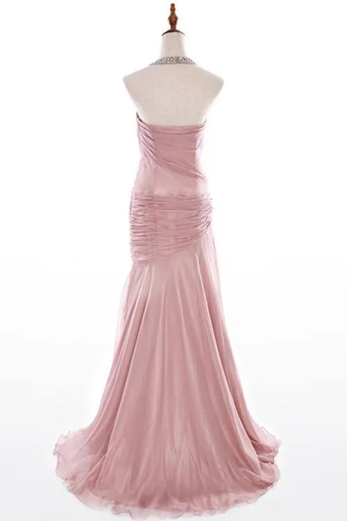 Elegant Mermaid Hater Ruched Beading Chiffon Pink Evening\Prom Dress TP0117