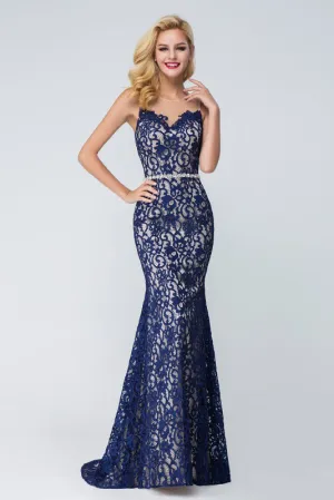 Elegant Mermaid Scoop Sleeveless Blue Lace Long Prom Dress,Evening Dresses OKA66