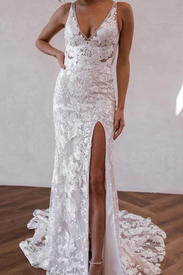 Elegant Mermaid V Neck Lace Boho Wedding Dresses with Slit TN386