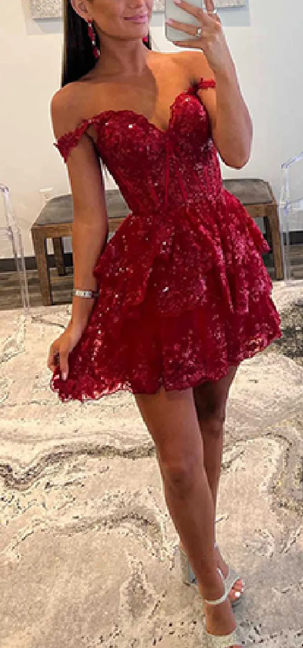 Elegant Off Shoulder A-line Tulle Applique Red Short Homecoming Dresses Online, HD0658