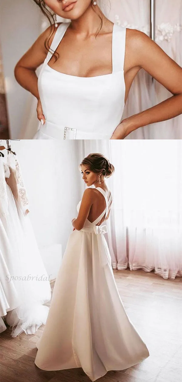 Elegant Open Back Simple Square Neck A-line Satin Wedding Dress, WD3083