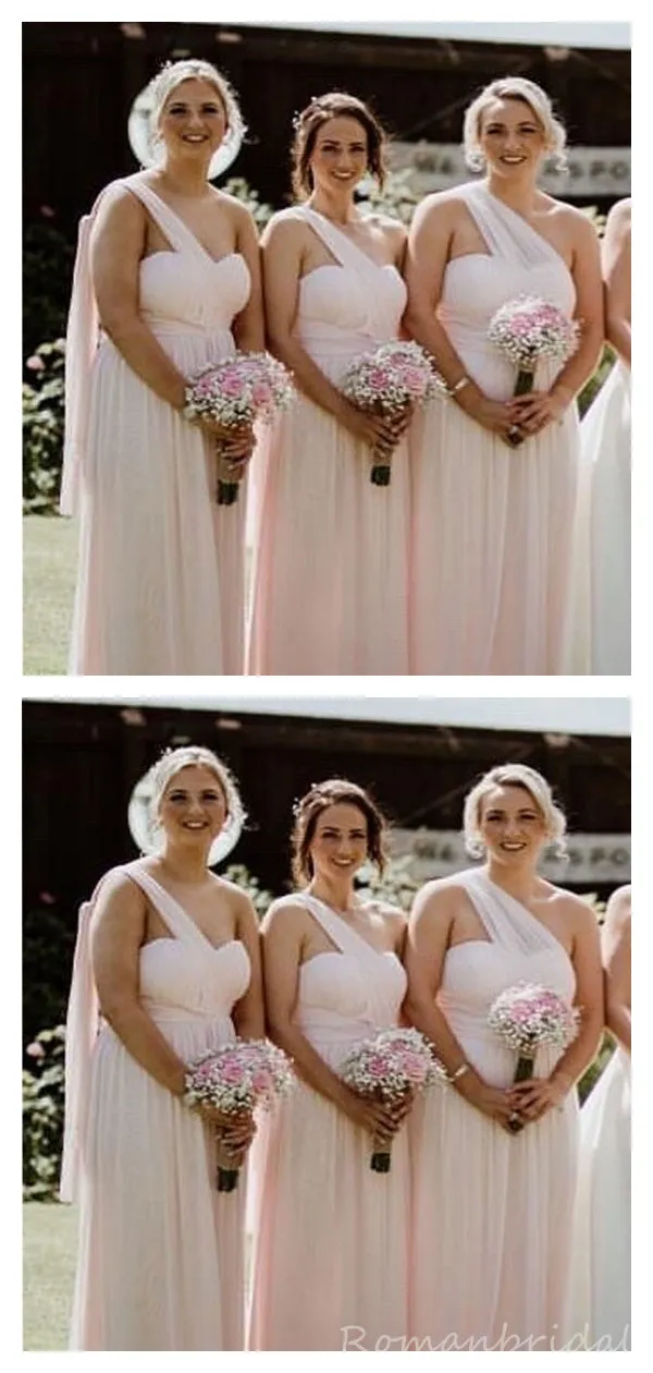 Elegant Pink One Shoulder Tulle A-line Bridesmaid Dresses, BG202