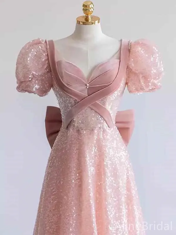 Elegant Pink V-neck Ruffles A-line Long Prom Dress,PD381968