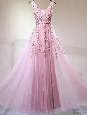 Elegant Pink V-neckline Tulle Prom Dress, Long Bridesmaid Dress