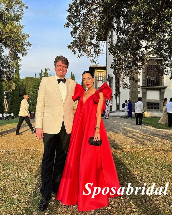 Elegant Red Satin Spaghetti Straps V-Neck Open Back A-Line Long Prom Dresses, PD3798