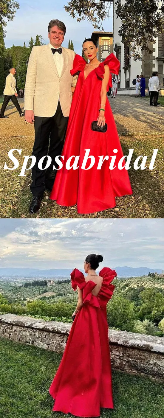 Elegant Red Satin Spaghetti Straps V-Neck Open Back A-Line Long Prom Dresses, PD3798