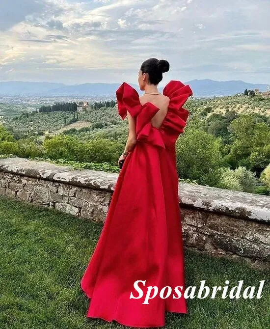 Elegant Red Satin Spaghetti Straps V-Neck Open Back A-Line Long Prom Dresses, PD3798