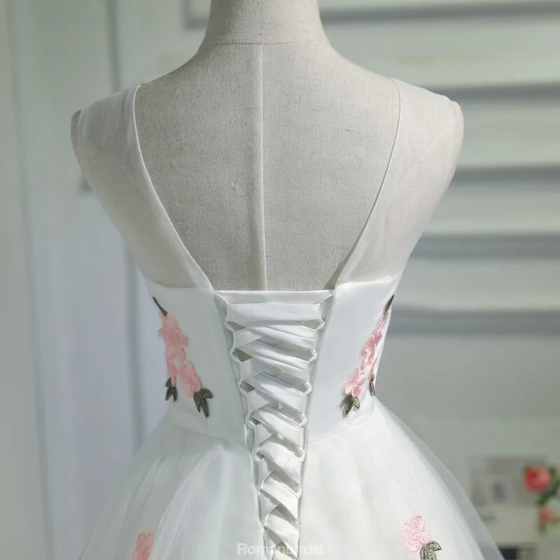 Elegant Round Neck Sleeveless Lace up back Embroidery Junior Homecoming Dresses, HD0391