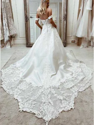 Elegant Satin Off the shoulder A-line With Appliques Wedding Dress, WD0501