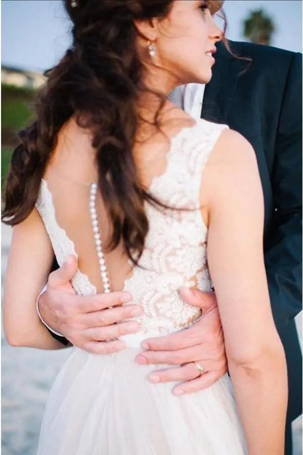 Elegant Scoop Neck Lace A Line Tulle Beach Wedding Dress WD034