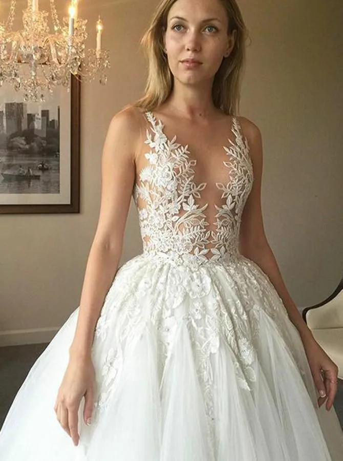 Elegant Sheer Round Neck Ivory Open Back Wedding Dress with Appliques Bridal Dress OK1014