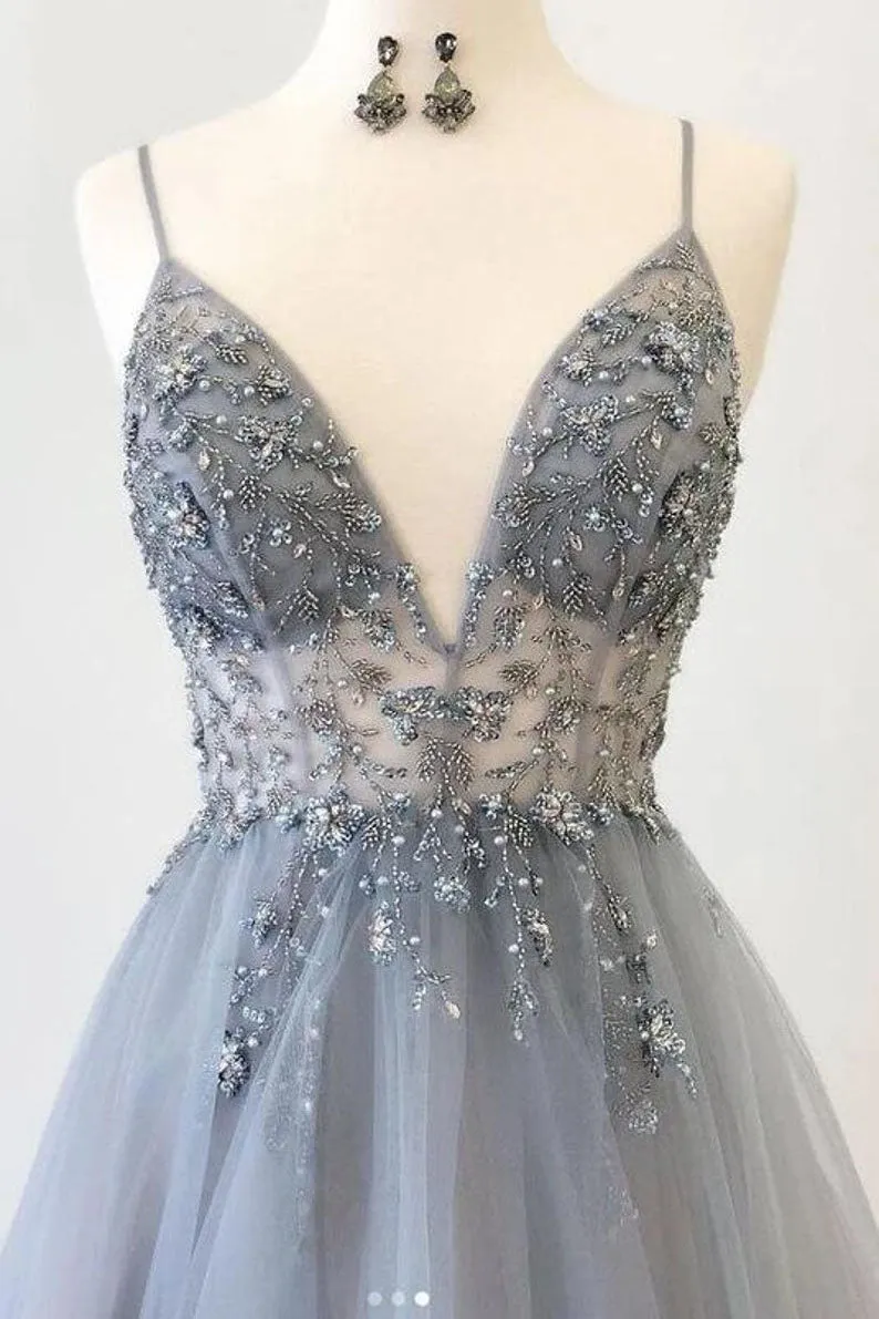Elegant Silver Grey Prom Dress Long Evening Gown Graduation Party Dress OKW9