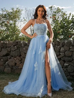 Elegant Sleeveless Blue Spaghetti Straps Applique Prom Dress, WGP319
