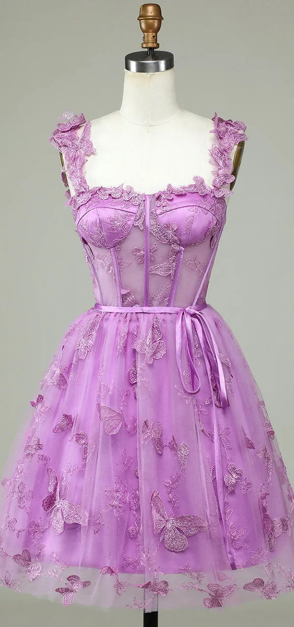 Elegant Spaghetti Straps A-line Short Tulle Homecoming Dresses Online, HD0740