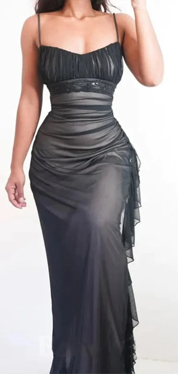 Elegant Spaghetti Straps Mermaid Black Long Evening Prom Dress Online, OL050