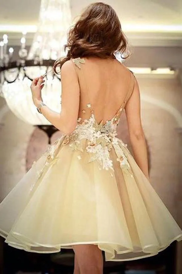 Elegant Tulle Short Prom Dresses, Open Back Homecoming Dress With Appliques, MH202