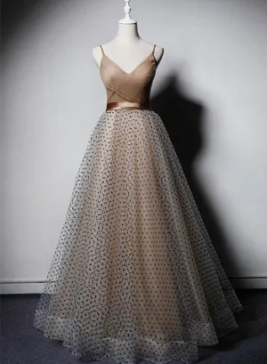 Elegant Tulle Straps V-neckline Party Dress, Long Prom Dress