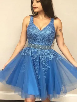 Elegant V-neck A-line Applique Tulle  Homecoming Dresses Online, HD0710