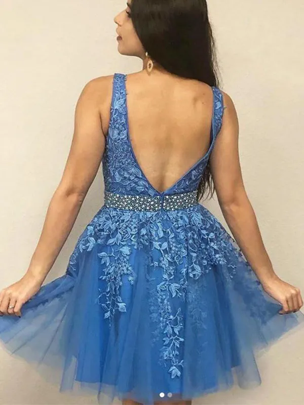 Elegant V-neck A-line Applique Tulle  Homecoming Dresses Online, HD0710