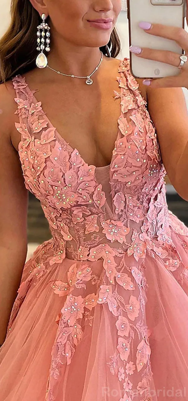 Elegant V-neck A-line Applique Tulle Long Peach Evening Prom Dress Online, OL204