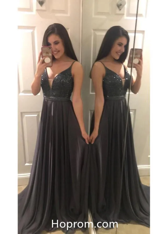 Elegant V-neck Long Prom Dress with Beadings