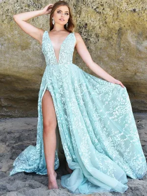 Elegant V-neck Mint Lace Side Slit Long Cheap Prom Dresses, PDS0097