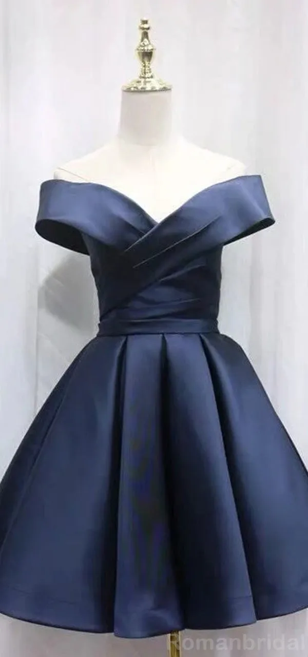 Elegant V-neck Off Shoulder A-line Satin Short Homecoming Dresses Online, HD0706