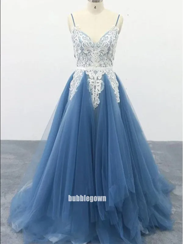 Elegant V-neck Spaghetti Strap Lace Tulle Long Prom Dresses FP1210