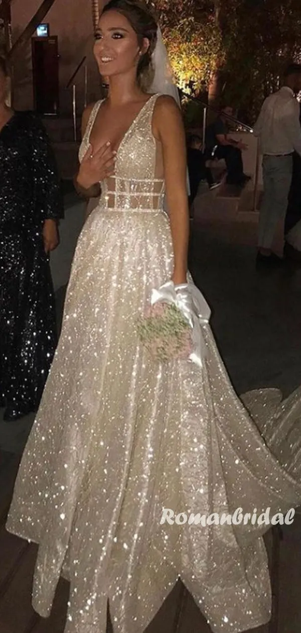 Elegant V-neck Tulle A-line Cheap Long Wedding Dresses Online,RBWD0031