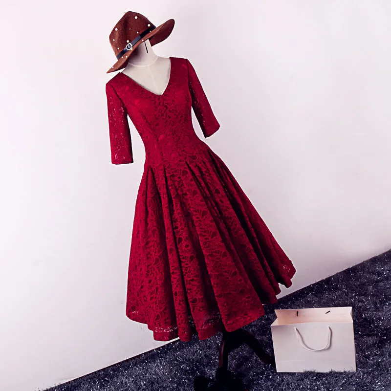 Elegant V-neckline Lace Knee Length Bridesmaid Dress, Wine Red Prom Dress