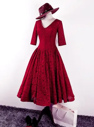 Elegant V-neckline Lace Knee Length Bridesmaid Dress, Wine Red Prom Dress