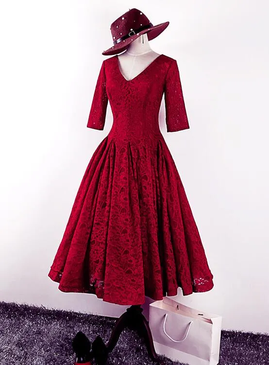 Elegant V-neckline Lace Knee Length Bridesmaid Dress, Wine Red Prom Dress