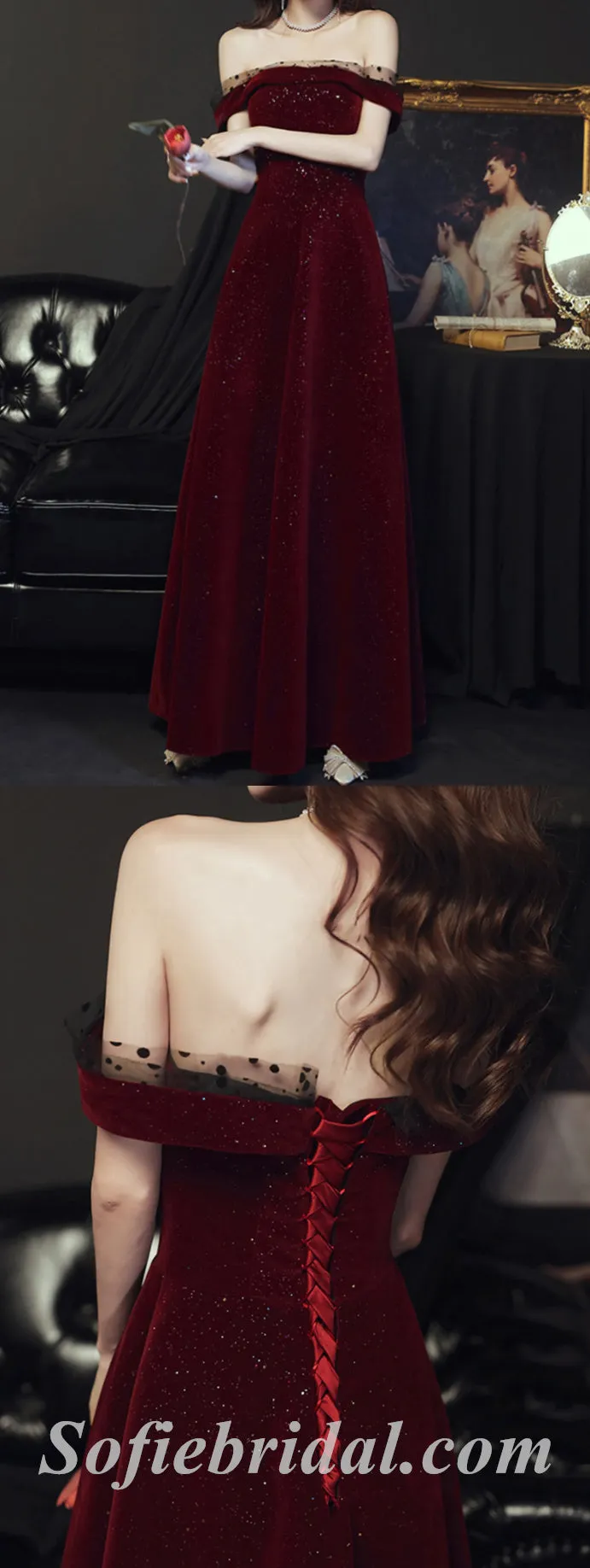 Elegant Velvet Off Shoulder Sleeveless Lace Up Back A-Line Long Prom Dresses,SFPD0576
