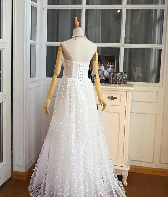 Elegant White Straps Floral Long Prom Dress , Party Dress