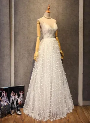 Elegant White Straps Floral Long Prom Dress , Party Dress